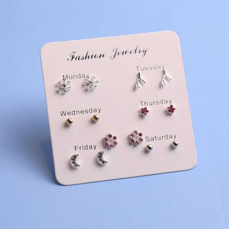 925 Silver Needle One Week Earrings Set For Korean Students Simplified 7 Pair Week Earrings Small And Exquisite Mesh Red Earrings