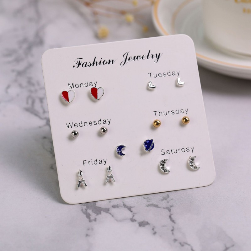 925 Silver Needle One Week Earrings Set For Korean Students Simplified 7 Pair Week Earrings Small And Exquisite Mesh Red Earrings