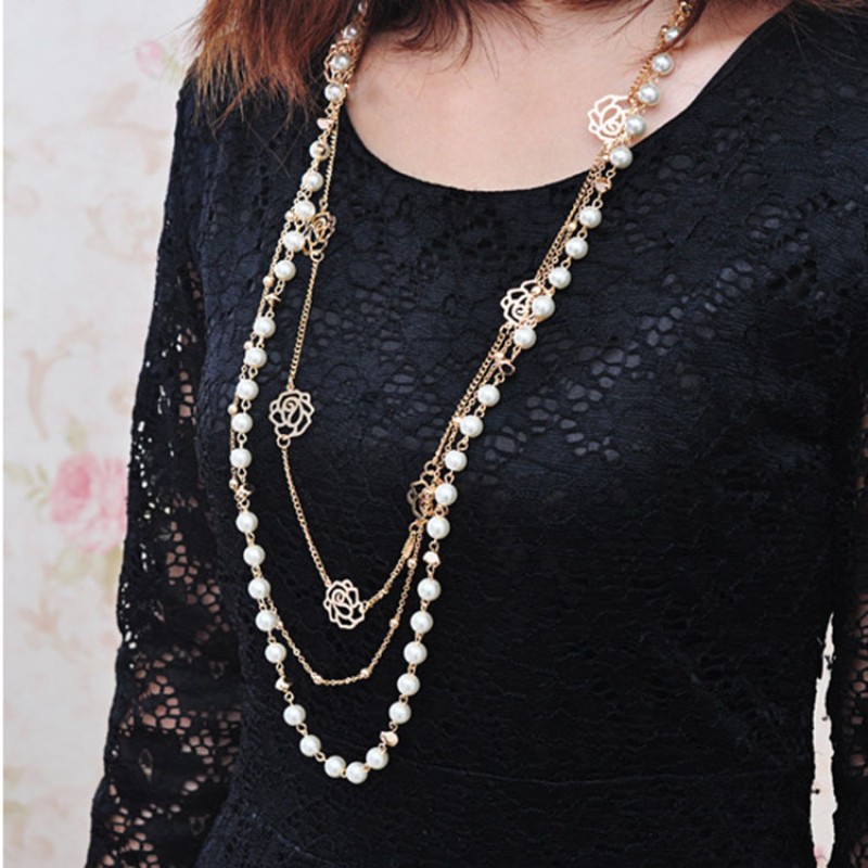 Popular Long Sweater Chain With Multi Layer Pearl Rose Blossom Women's Clothing Accessories Necklace In Europe And America