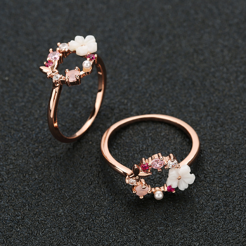 Cross Border Popular Creative Butterfly Flower Rose Gold Ring With Micro Inlaid Zircon Pearl Niche Design Sweet Beauty Ring