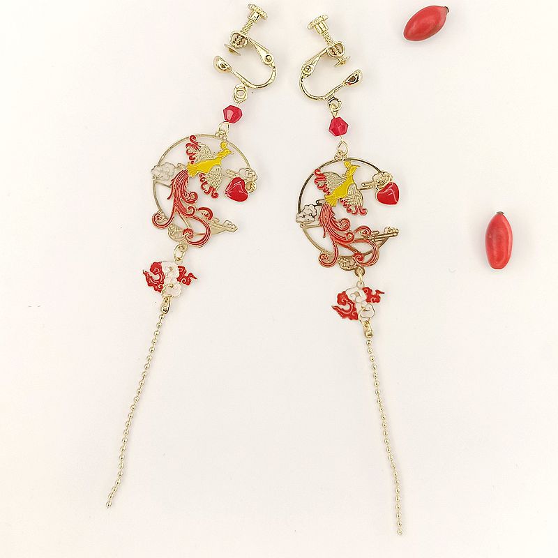 Qingdao Jewelry Winter New Chinese Style Women's Sweet Earrings Auspicious Colorful Phoenix Long Tassel Earrings Earclip