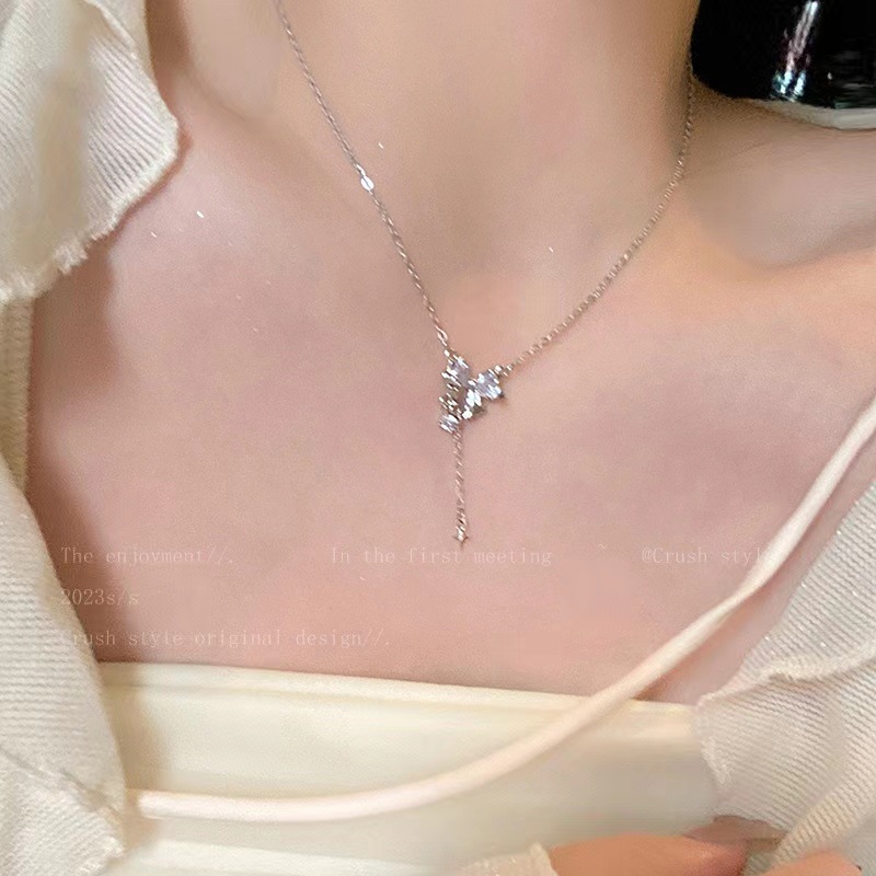 Bowknot Zircon Tassel Necklace For Women In Summer...