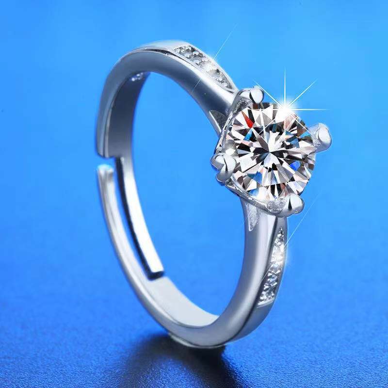Cross Border Live Source Copper Plated S925 Silver Mosang Stone Ring For Women One Carat Six Claw Open Ring Proposal Diamond Ring
