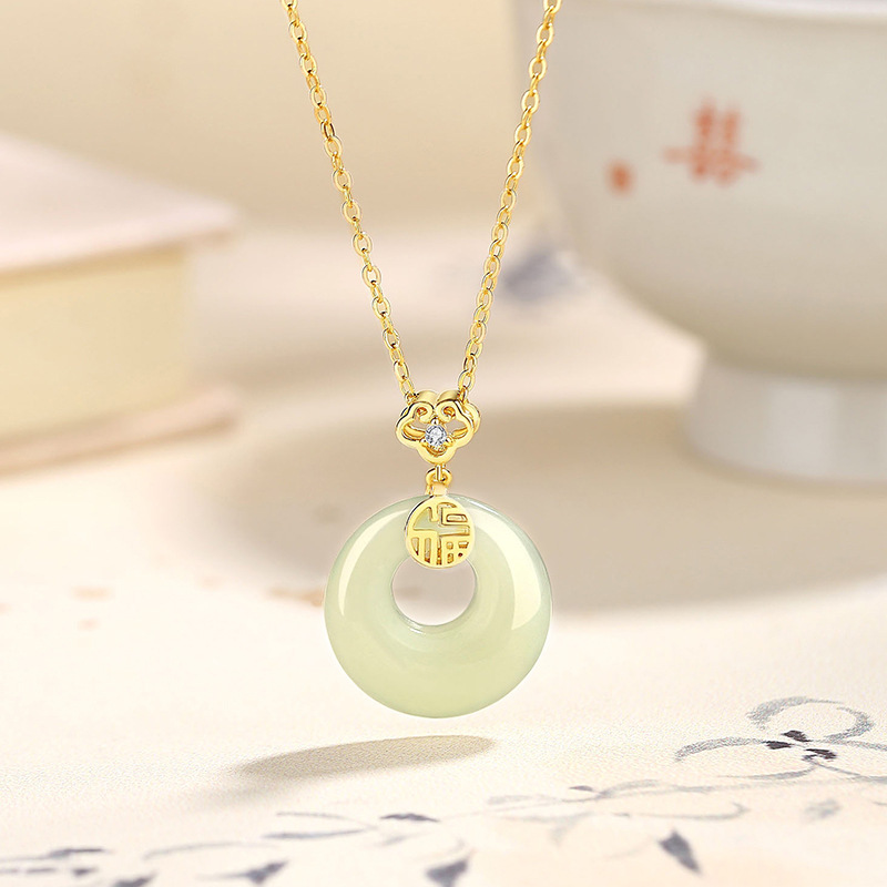 New Style White Jade Pith Safety Clasp Necklace Women's Sterling Silver Original Apricot Necklace Chain China-Chic New Chinese Style Pendant Item Jewelry