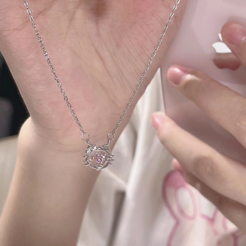 Titanium Steel Necklace Cat Pink Diamond Necklace ...