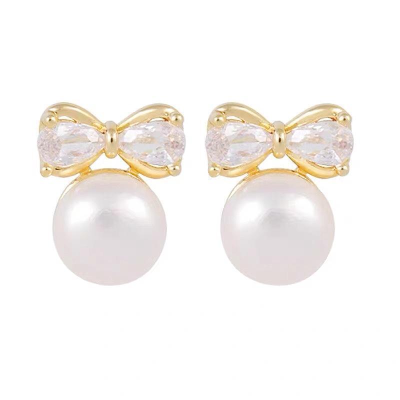 Mermaid Concubine Pearl Earrings With Unique Design, Light Luxury Zircon Bow Knot Earrings For Women's New Style, Minimalist Style Earrings