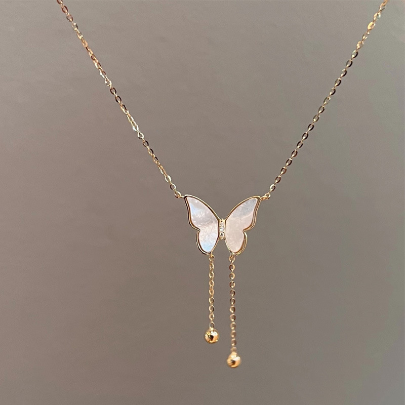 Golden Butterfly Fringe Fritillaria Necklace For W...