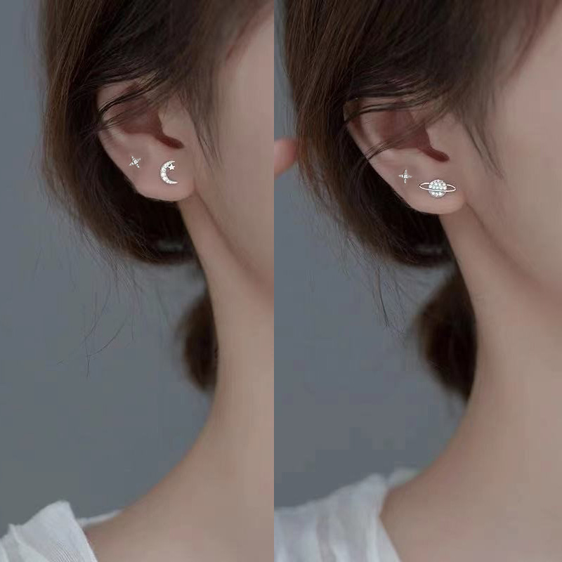 Star Moon Thread Ear Studs Female 925 Sterling Silver Minor Delicate Asymmetric Screw Screw Earbone Ear Stud Ear Jewelry