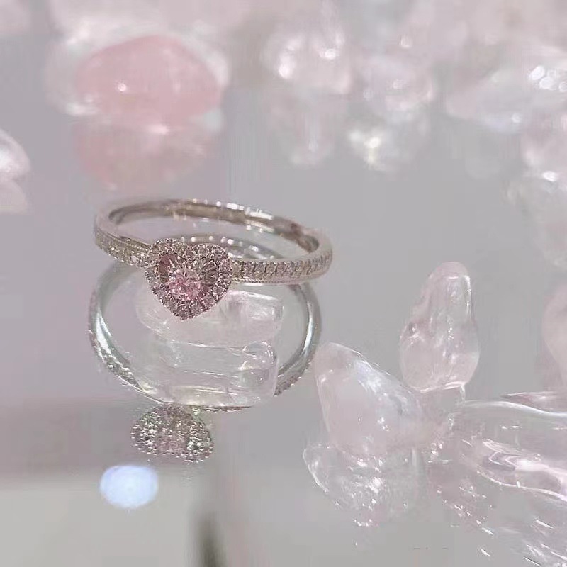 Japan And South Korea Elegant Pink Heart Micro Set Zircon Ring, Cute And Versatile, Adjustable Adjustable Handicrafts Wholesale For Women