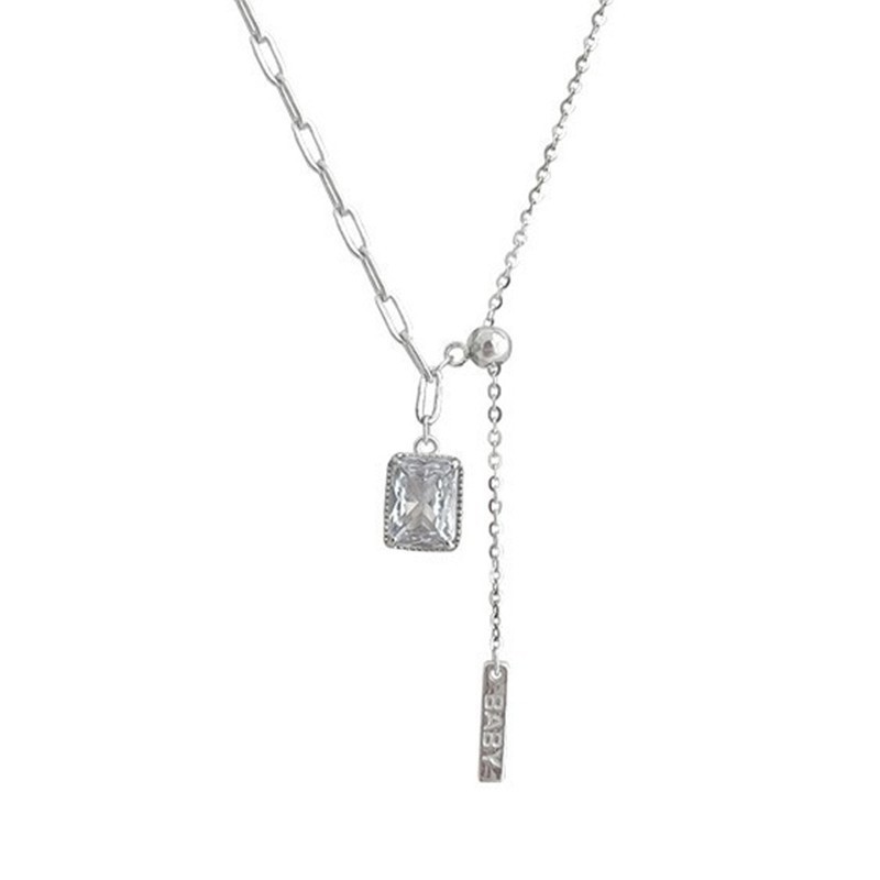 Silver S925 Sterling Silver Square Diamond Tassel Necklace For Female Minors, Light Luxury Temperament, Geometric Zircon, New Style Collar Chain For Women