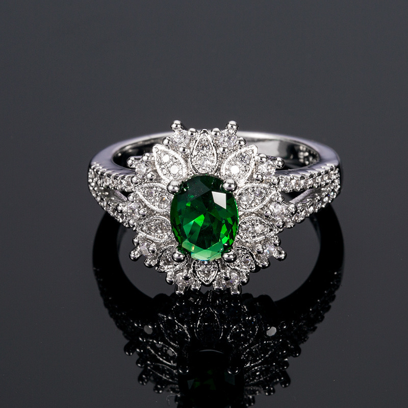Hot Selling Emerald Diamond Rings In Europe And America, Fashionable Temperament, Green Zircon Gemstone Rings, Ring Headgear Wholesale