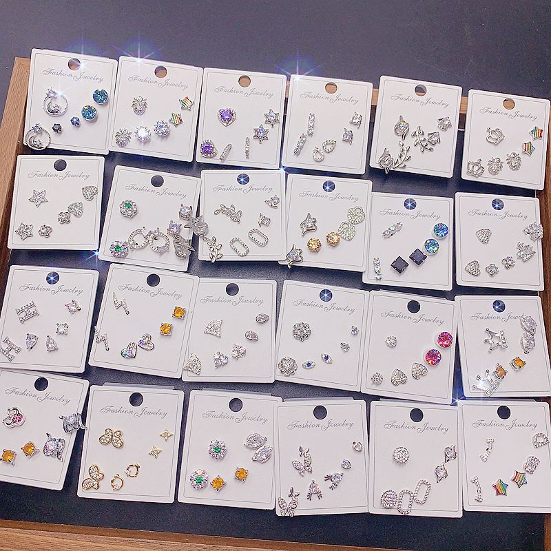 One Card, Three Pairs Of Small, Fresh, Simple, Sweet Earrings, Fashionable Micro Inlaid Zircon Earrings, One Card, Multiple Pairs Of Set Earrings