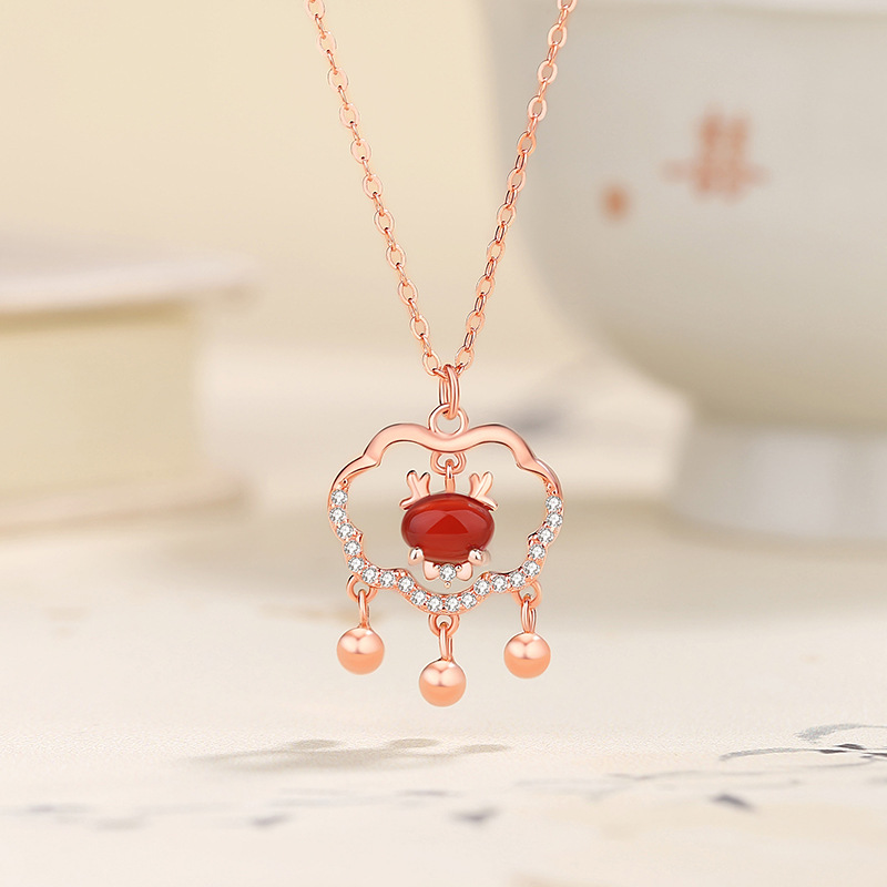 Dragon Year Pure Silver Cute Dragon Safety Lock Necklace Female Original Red Agate Xiangyun Long Life Lock Pendant New Chinese Style Clavicle Chain