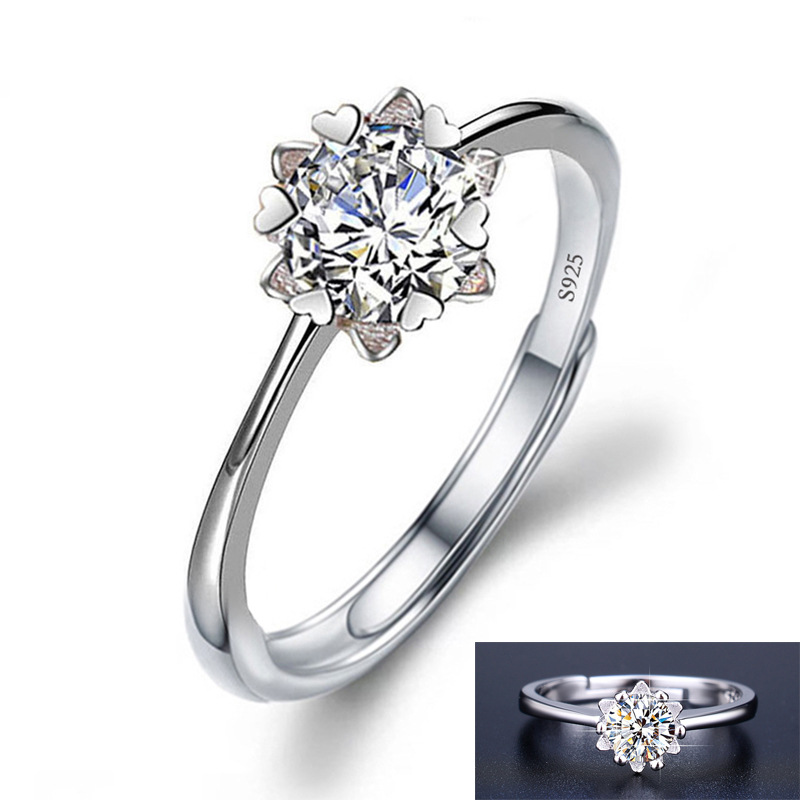 Live Broadcast Female Ring Mosang Stone Ring Female Ins Imitation Silver S925 Ring Holder Crown Six Claw 1 Carat Zircon Ring Diamond Ring