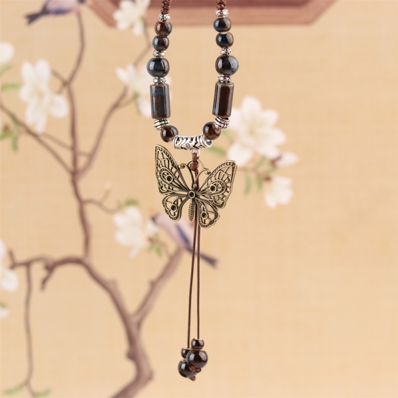 Wholesale Of Chinese Ethnic Style Butterfly Necklaces From Manufacturers, Niche Ancient Style Long Style Sweater Chains, Woven Collarbone Chains, Trendy