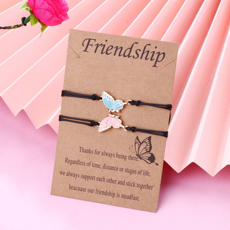 Cross Border New Product Popular Butterfly Bracelet Good Friends Alloy Wax Thread Braided Bracelet Friendship Card Bracelet Set