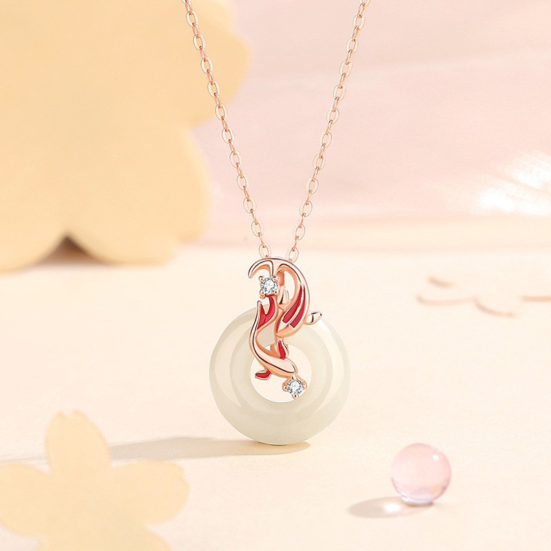 New Style White Jade Pith Safety Clasp Necklace Women's Sterling Silver Original Apricot Necklace Chain China-Chic New Chinese Style Pendant Item Jewelry