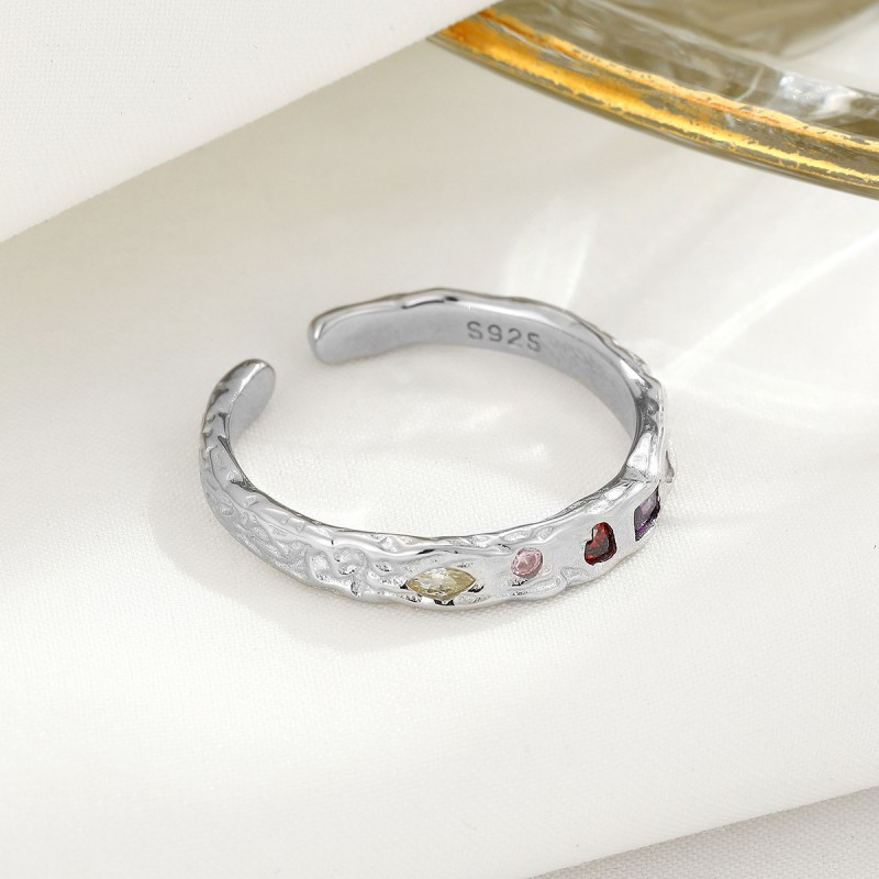S925 Silver Colored Zircon Irregular Opening Ring,...