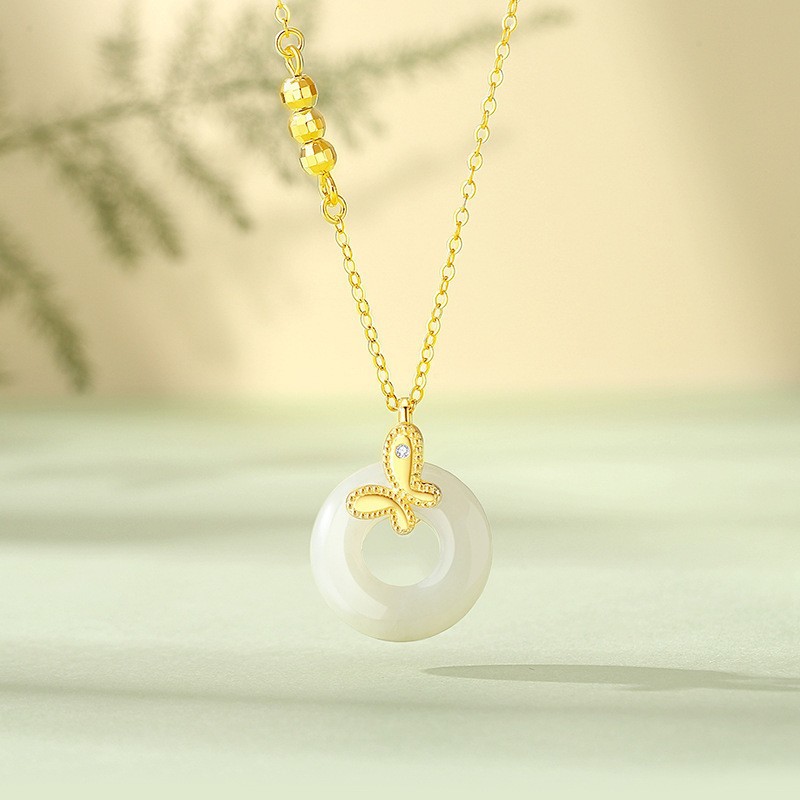 New Style White Jade Pith Safety Clasp Necklace Women's Sterling Silver Original Apricot Necklace Chain China-Chic New Chinese Style Pendant Item Jewelry