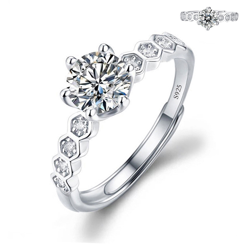 Live Broadcast Female Ring Mosang Stone Ring Female Ins Imitation Silver S925 Ring Holder Crown Six Claw 1 Carat Zircon Ring Diamond Ring
